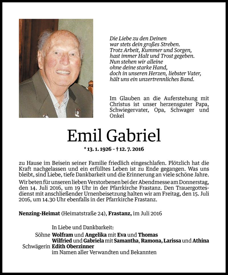  Todesanzeige für Emil Gabriel vom 13.07.2016 aus Vorarlberger Nachrichten