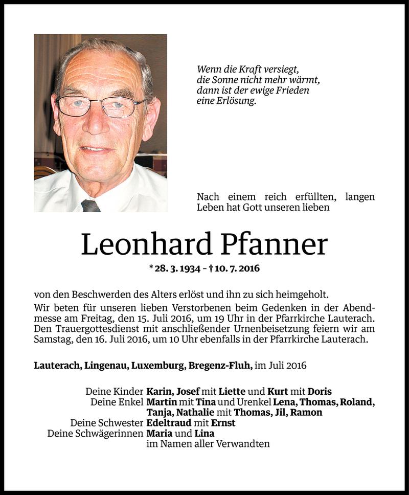  Todesanzeige für Leonhard Pfanner vom 13.07.2016 aus Vorarlberger Nachrichten