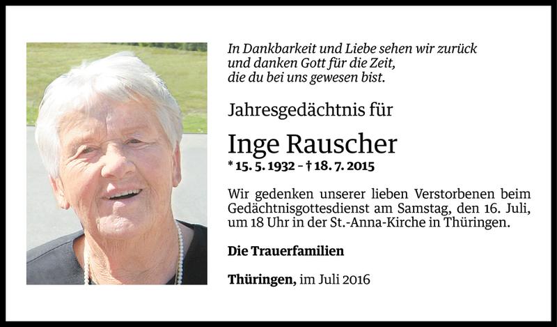  Todesanzeige für Inge Rauscher vom 13.07.2016 aus Vorarlberger Nachrichten