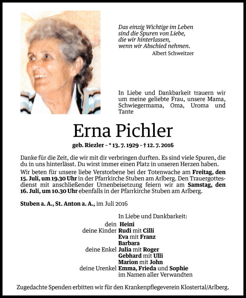  Todesanzeige für Erna Pichler vom 14.07.2016 aus Vorarlberger Nachrichten