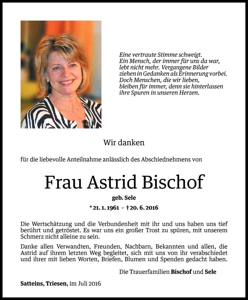  Todesanzeige für Astrid Bischof vom 16.07.2016 aus Vorarlberger Nachrichten