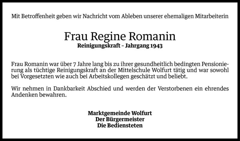  Todesanzeige für Regine Romanin vom 13.07.2016 aus Vorarlberger Nachrichten