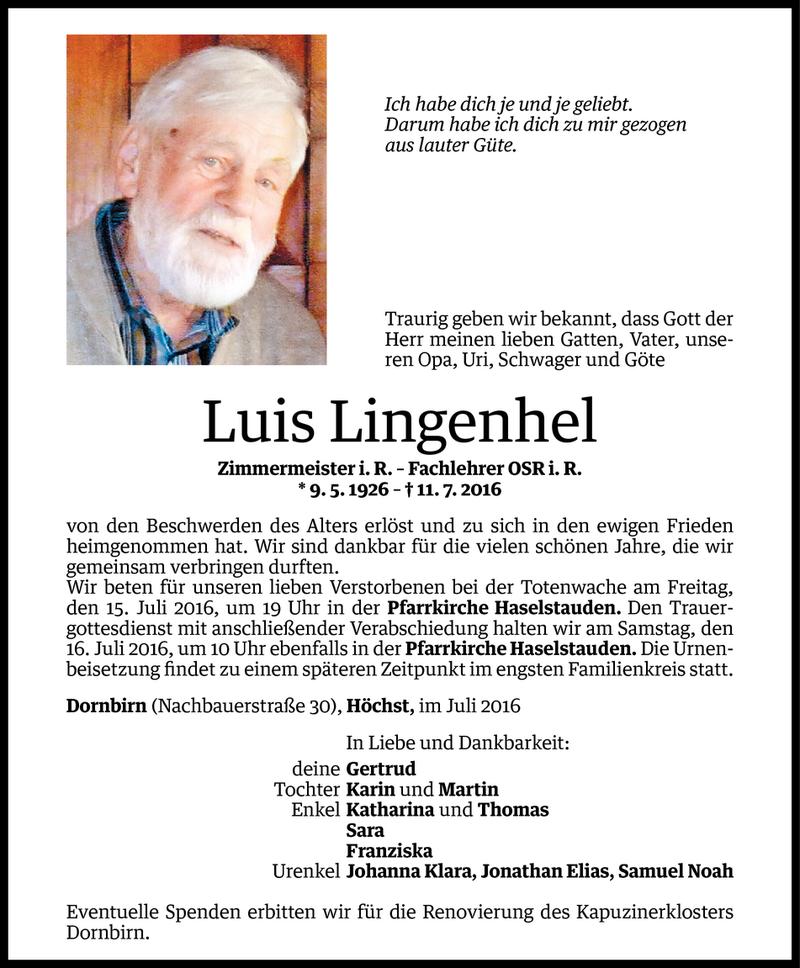 Todesanzeigen von Luis Lingenhel | Todesanzeigen Vorarlberger Nachrichten