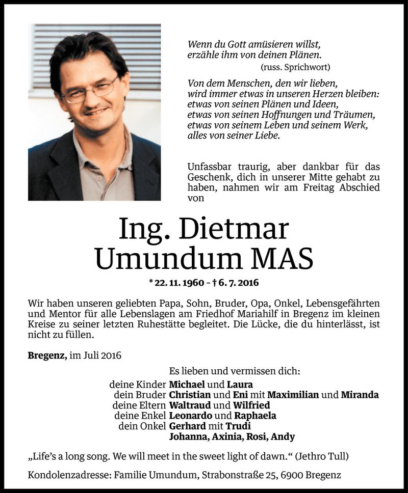  Todesanzeige für Dietmar Umundum vom 16.07.2016 aus Vorarlberger Nachrichten