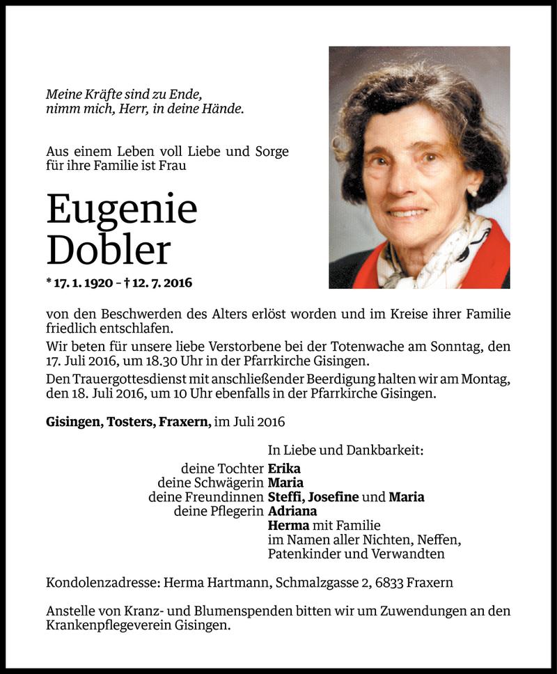  Todesanzeige für Eugenie Dobler vom 15.07.2016 aus Vorarlberger Nachrichten