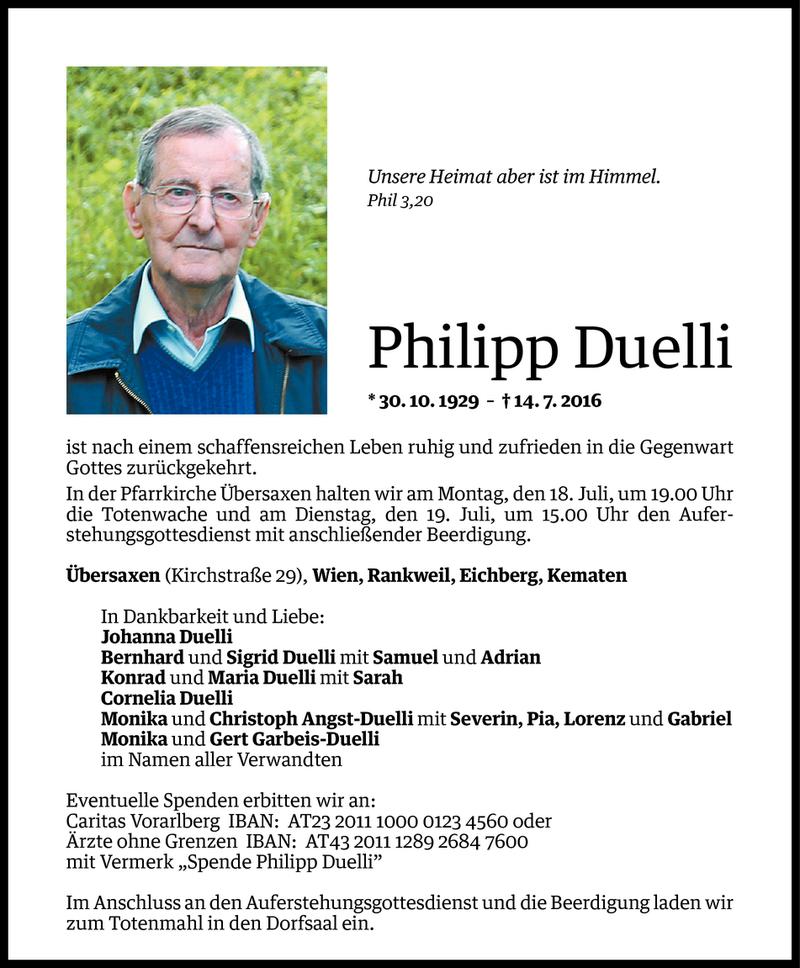  Todesanzeige für Philipp Duelli vom 16.07.2016 aus Vorarlberger Nachrichten