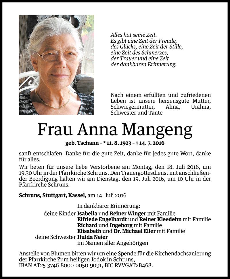  Todesanzeige für Anna Mangeng vom 15.07.2016 aus Vorarlberger Nachrichten