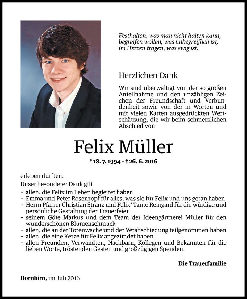  Todesanzeige für Felix Müller vom 15.07.2016 aus Vorarlberger Nachrichten