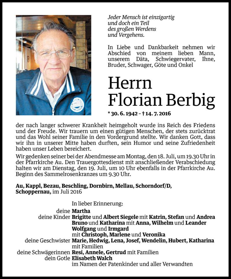  Todesanzeige für Florian Berbig vom 15.07.2016 aus Vorarlberger Nachrichten