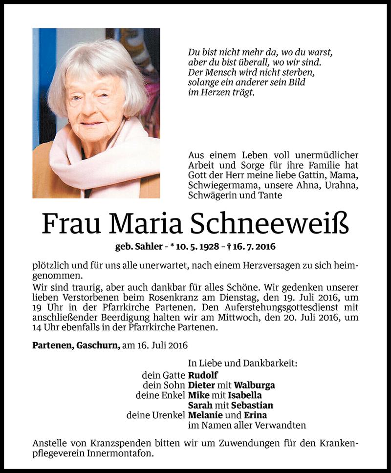  Todesanzeige für Maria Schneeweiß vom 17.07.2016 aus Vorarlberger Nachrichten