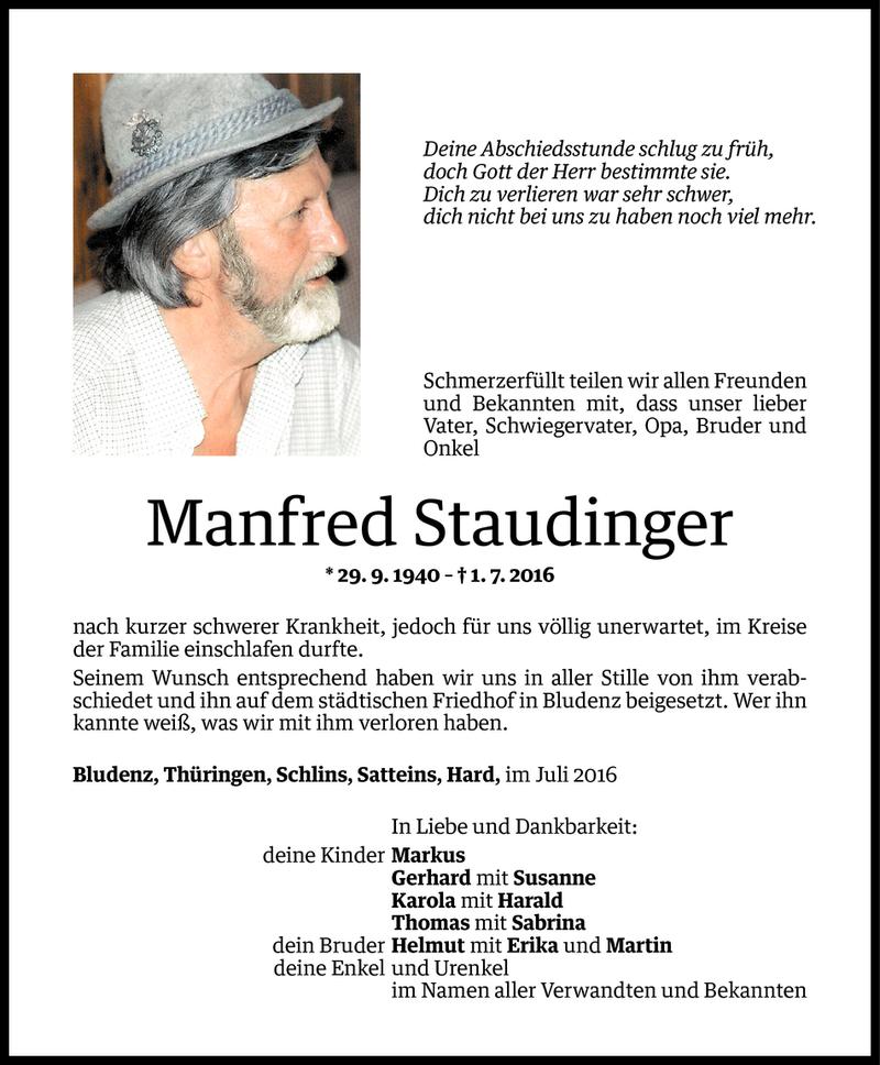  Todesanzeige für Manfred Staudinger vom 19.07.2016 aus Vorarlberger Nachrichten