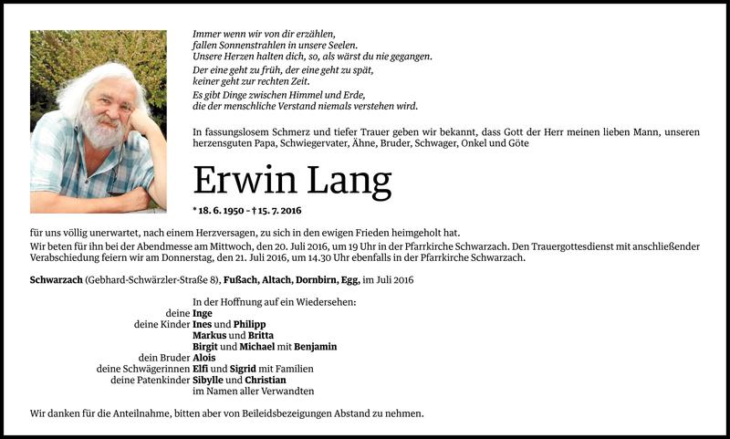  Todesanzeige für Erwin Lang vom 18.07.2016 aus Vorarlberger Nachrichten