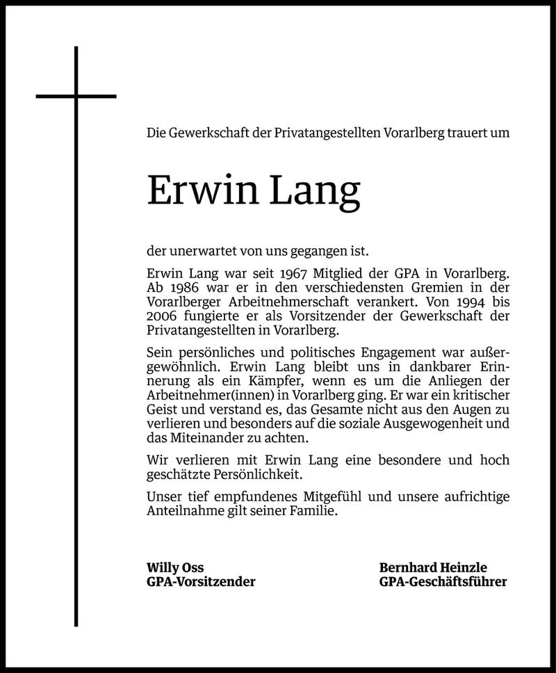  Todesanzeige für Erwin Lang vom 18.07.2016 aus Vorarlberger Nachrichten