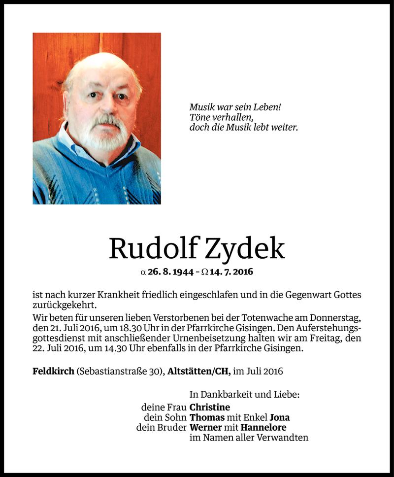  Todesanzeige für Rudolf Zydek vom 18.07.2016 aus Vorarlberger Nachrichten