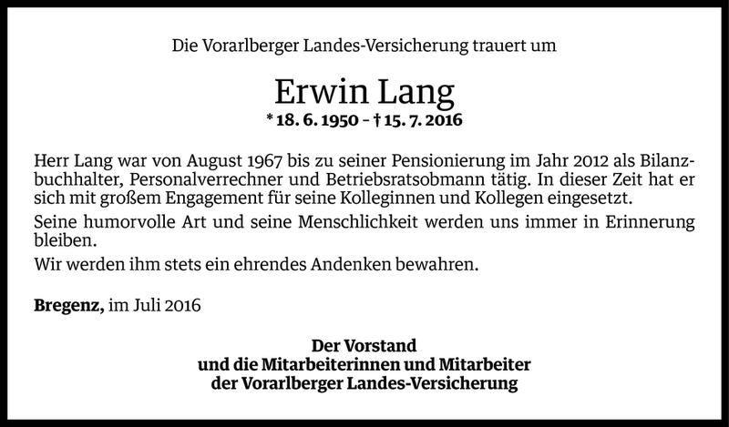  Todesanzeige für Erwin Lang vom 18.07.2016 aus Vorarlberger Nachrichten