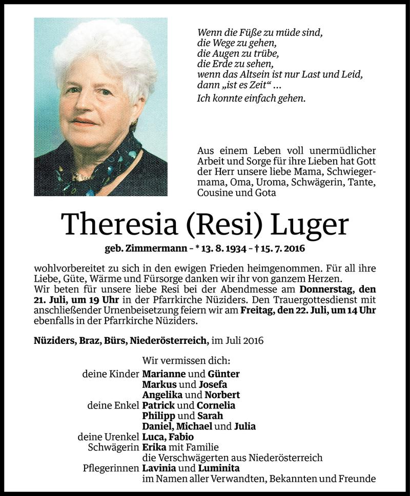  Todesanzeige für Theresia Luger vom 20.07.2016 aus Vorarlberger Nachrichten