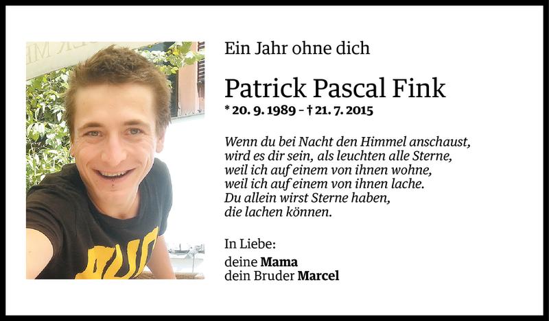  Todesanzeige für Patrick Pascal Fink vom 20.07.2016 aus Vorarlberger Nachrichten