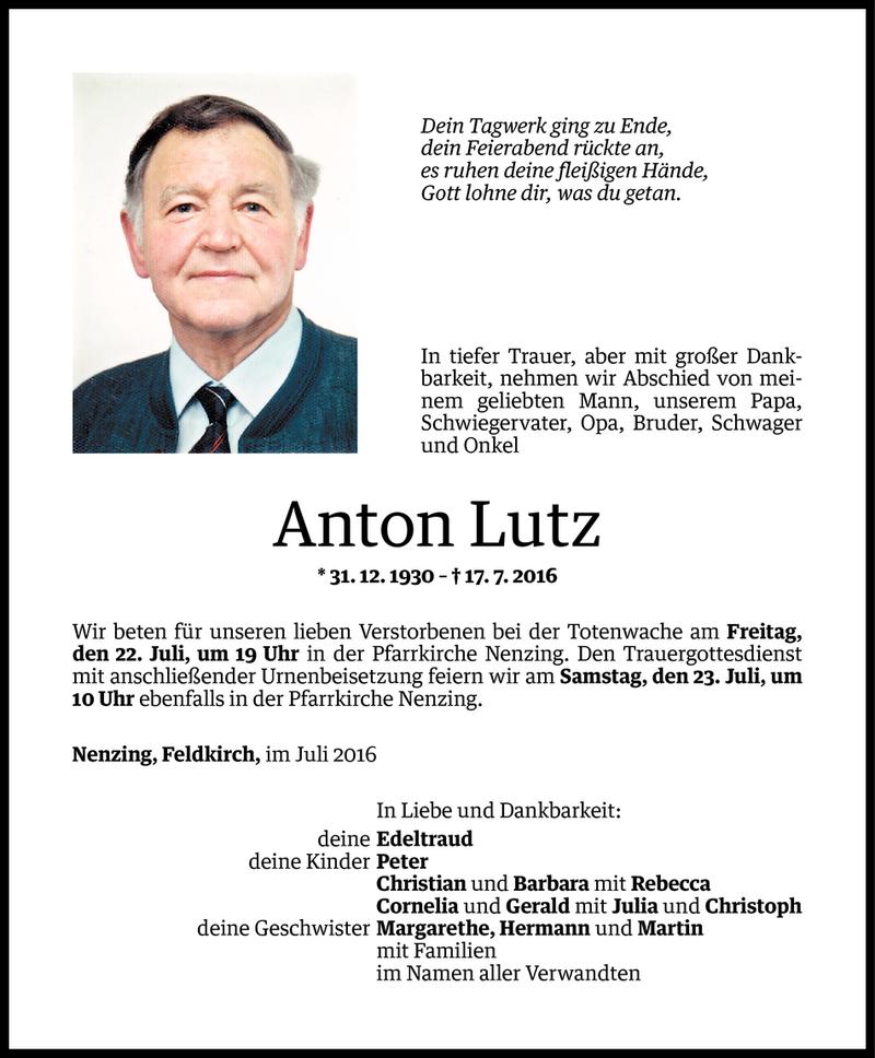  Todesanzeige für Anton Lutz vom 20.07.2016 aus Vorarlberger Nachrichten