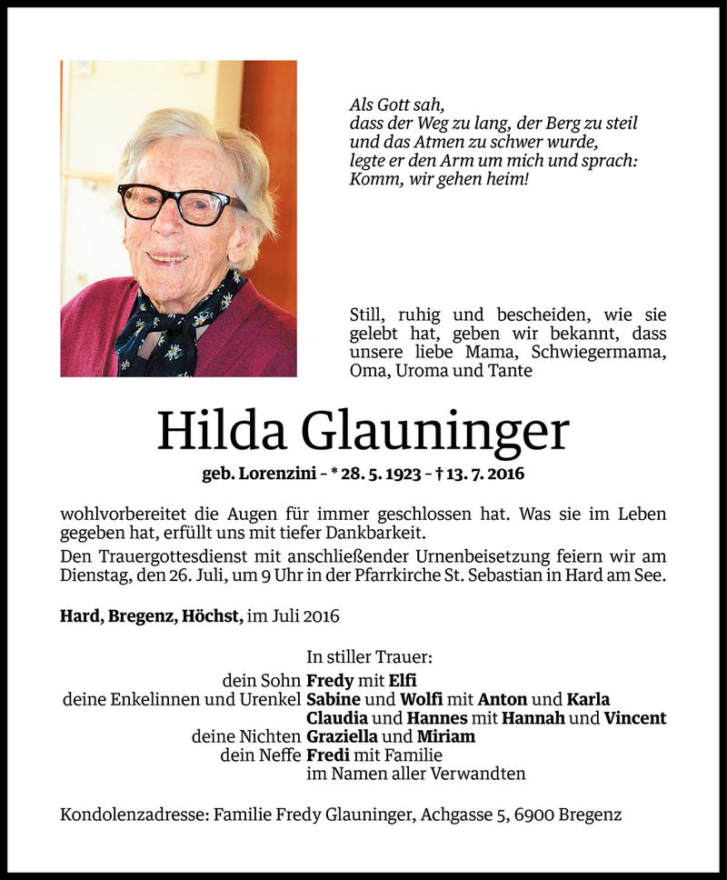  Todesanzeige für Hilda Glauninger vom 22.07.2016 aus Vorarlberger Nachrichten