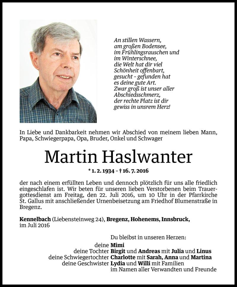  Todesanzeige für Martin Haslwanter vom 19.07.2016 aus Vorarlberger Nachrichten