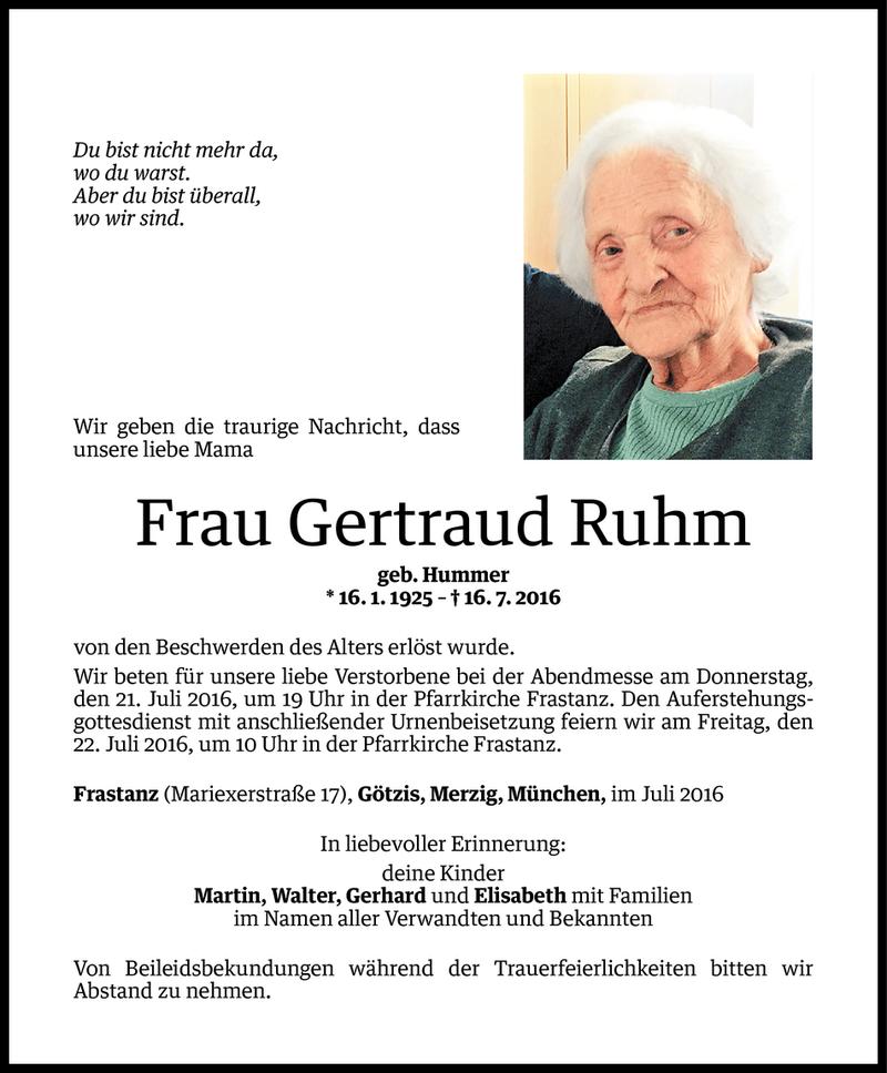  Todesanzeige für Gertraud Ruhm vom 19.07.2016 aus Vorarlberger Nachrichten