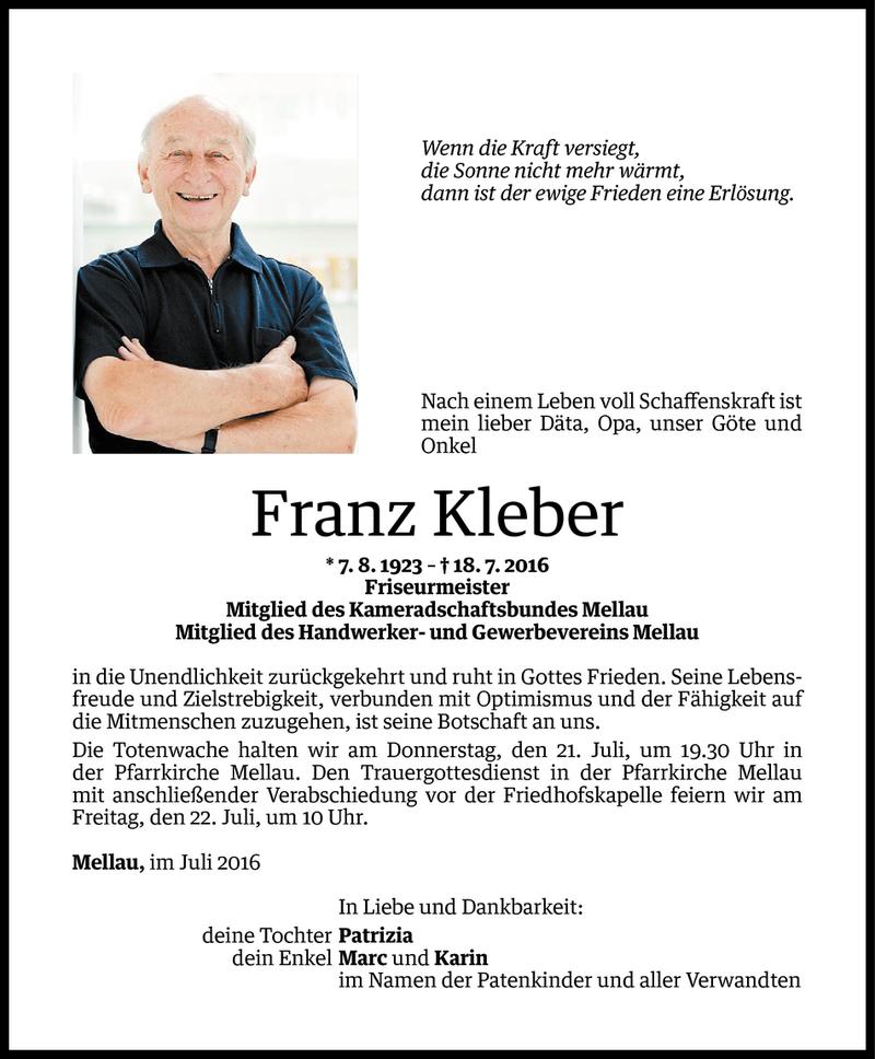  Todesanzeige für Franz Kleber vom 19.07.2016 aus Vorarlberger Nachrichten
