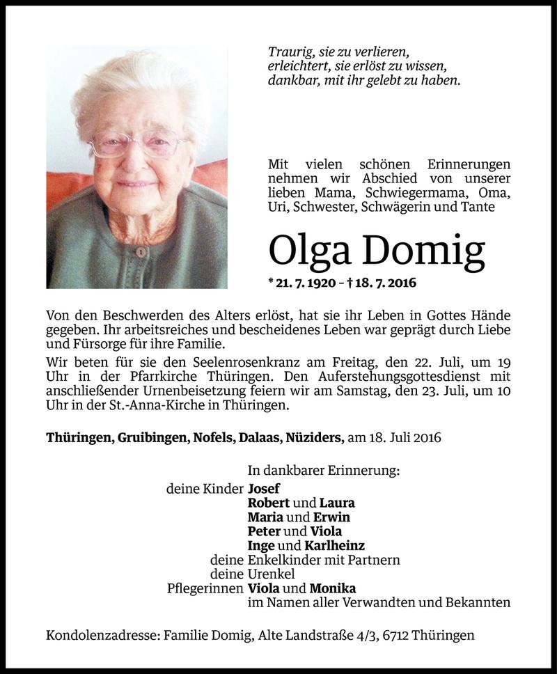  Todesanzeige für Olga Domig vom 20.07.2016 aus Vorarlberger Nachrichten