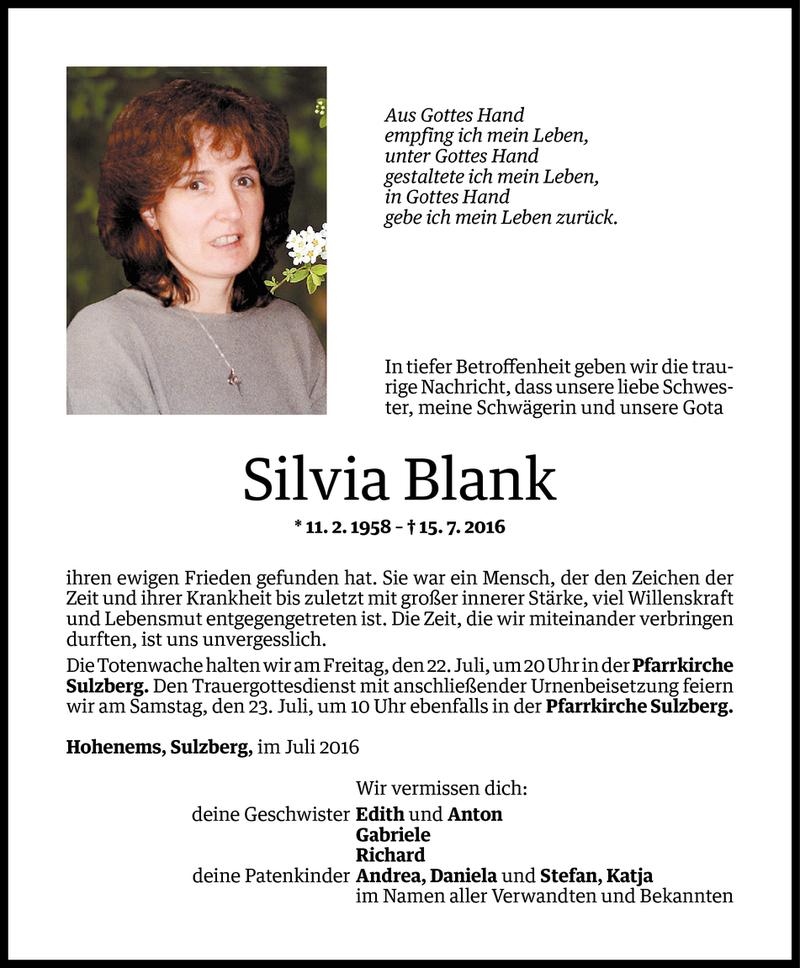  Todesanzeige für Silvia Blank vom 20.07.2016 aus Vorarlberger Nachrichten