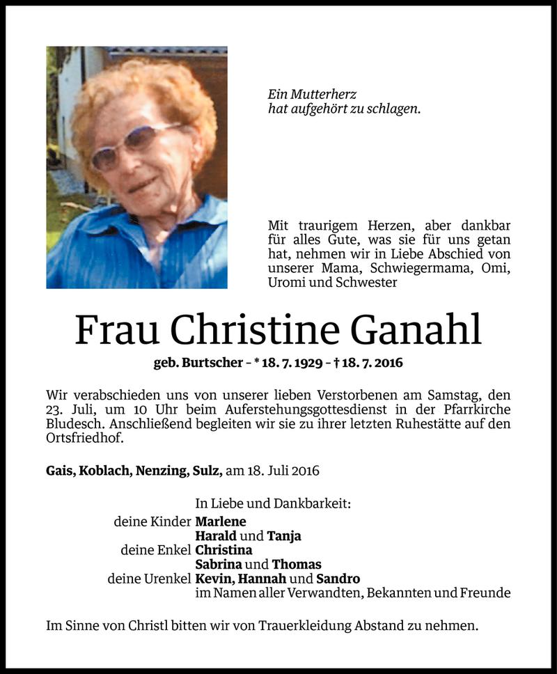  Todesanzeige für Christine Ganahl vom 21.07.2016 aus Vorarlberger Nachrichten