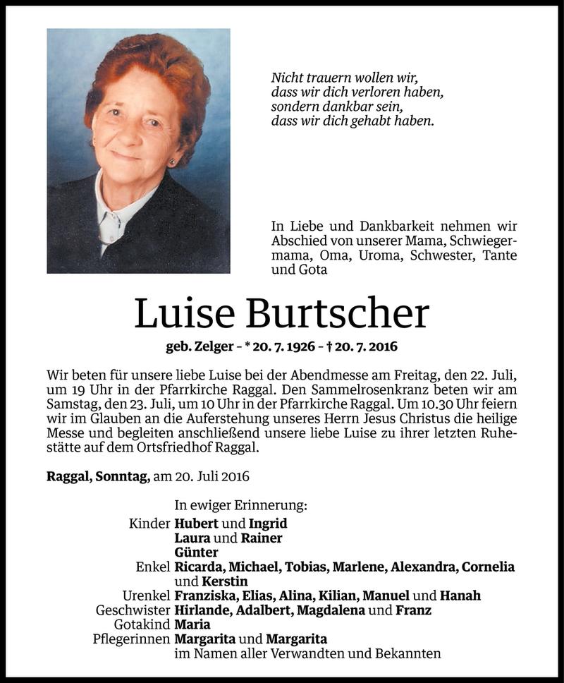  Todesanzeige für Luise Burtscher vom 20.07.2016 aus Vorarlberger Nachrichten