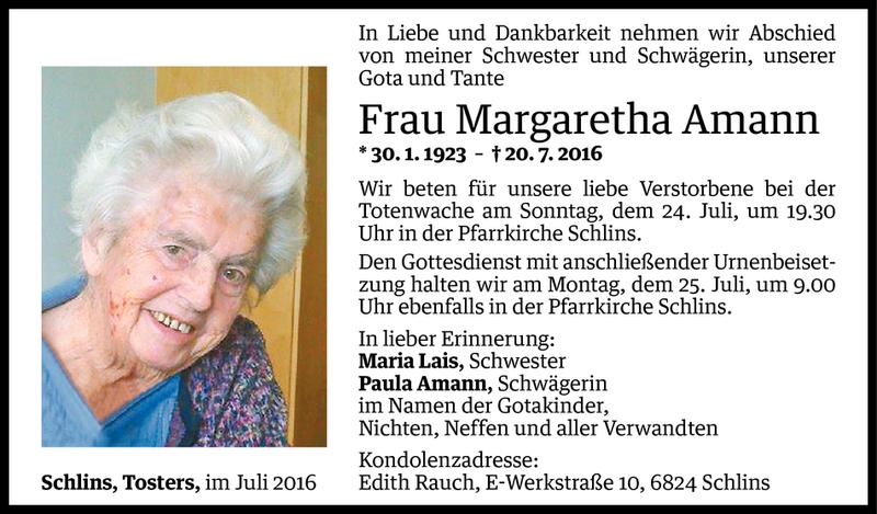  Todesanzeige für Margaretha Amann vom 22.07.2016 aus Vorarlberger Nachrichten