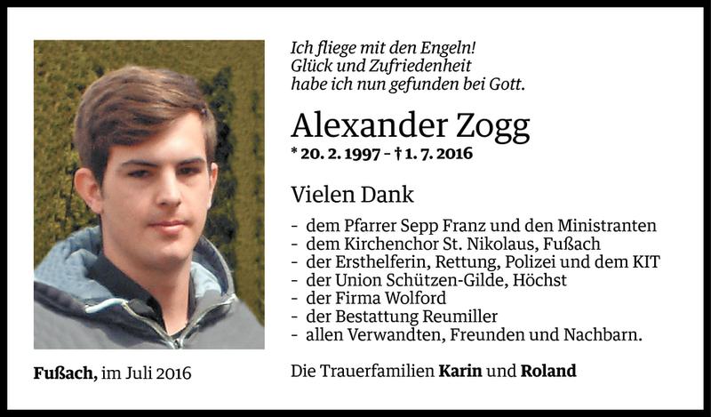  Todesanzeige für Alexander Zogg vom 22.07.2016 aus Vorarlberger Nachrichten