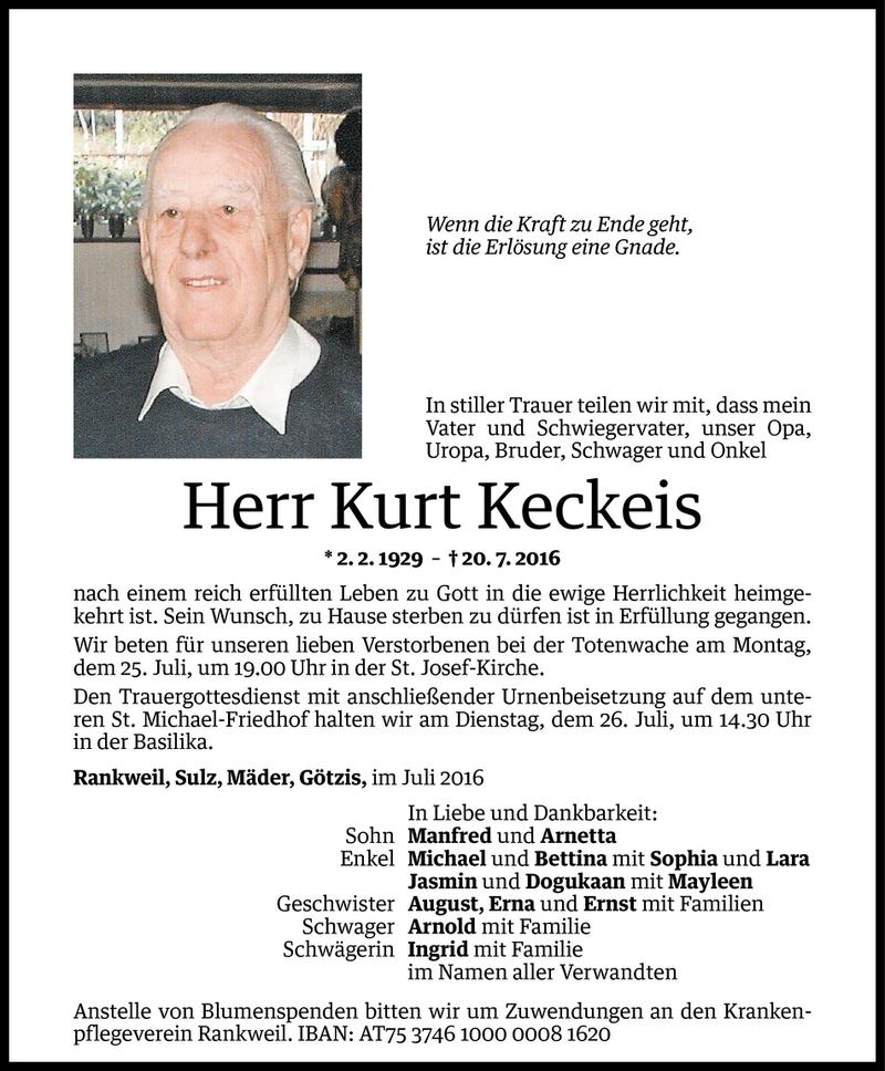  Todesanzeige für Kurt Keckeis vom 22.07.2016 aus Vorarlberger Nachrichten