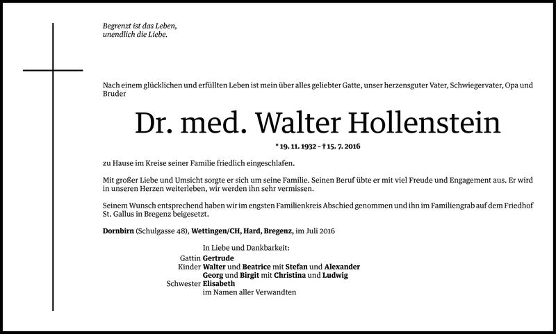  Todesanzeige für Walter Hollenstein vom 26.07.2016 aus Vorarlberger Nachrichten