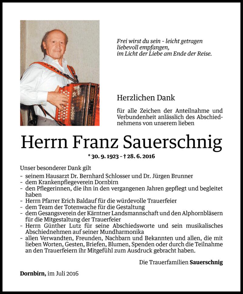  Todesanzeige für Franz Sauerschnig vom 22.07.2016 aus Vorarlberger Nachrichten