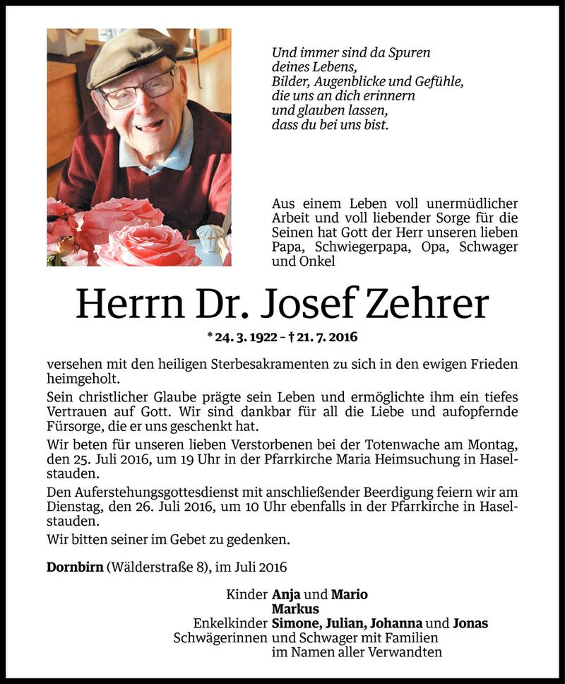  Todesanzeige für Josef Zehrer vom 22.07.2016 aus Vorarlberger Nachrichten