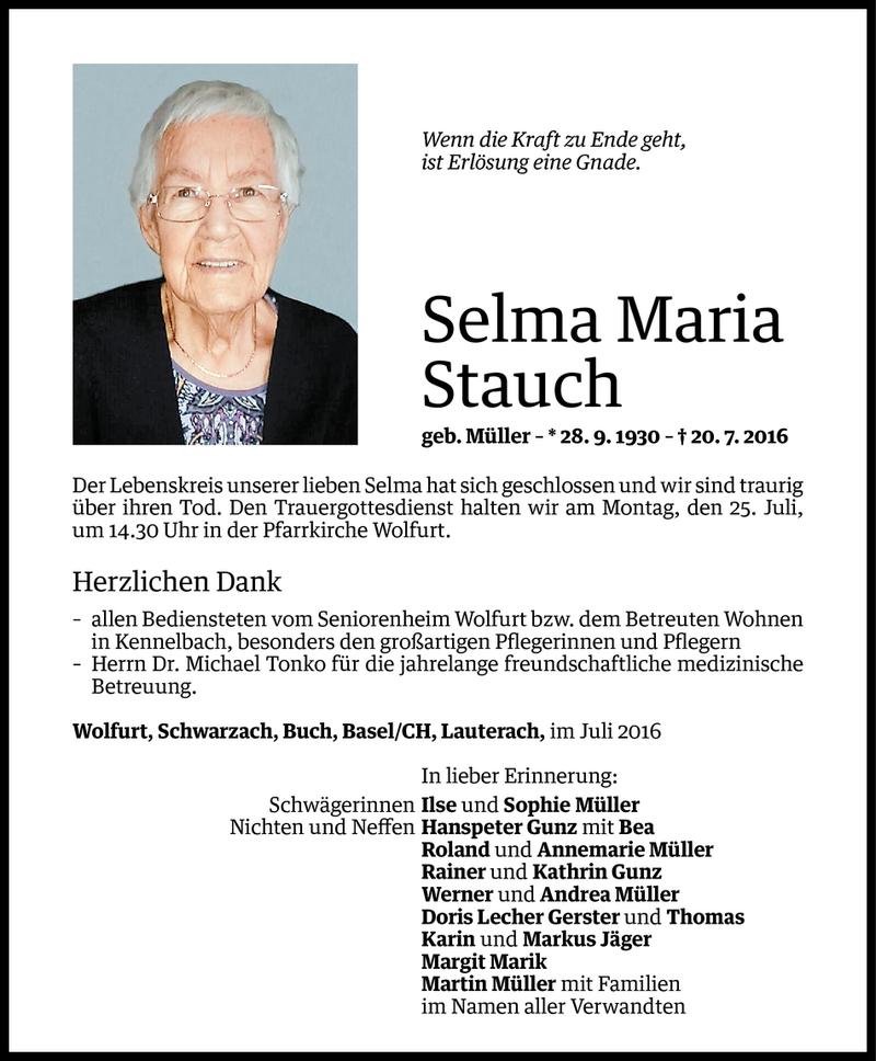  Todesanzeige für Selma Maria Stauch vom 22.07.2016 aus Vorarlberger Nachrichten