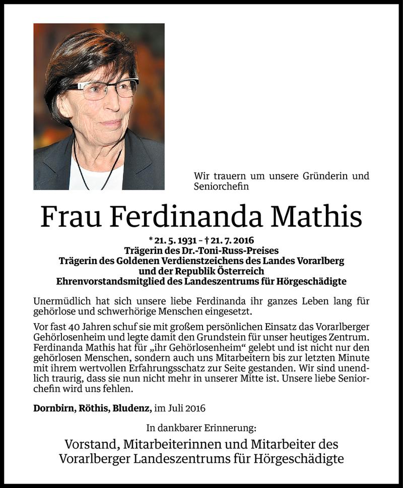  Todesanzeige für Ferdinanda Mathis vom 23.07.2016 aus Vorarlberger Nachrichten