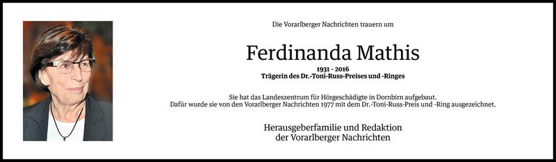  Todesanzeige für Ferdinanda Mathis vom 23.07.2016 aus Vorarlberger Nachrichten