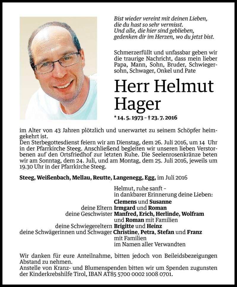  Todesanzeige für Helmut Hager vom 24.07.2016 aus Vorarlberger Nachrichten