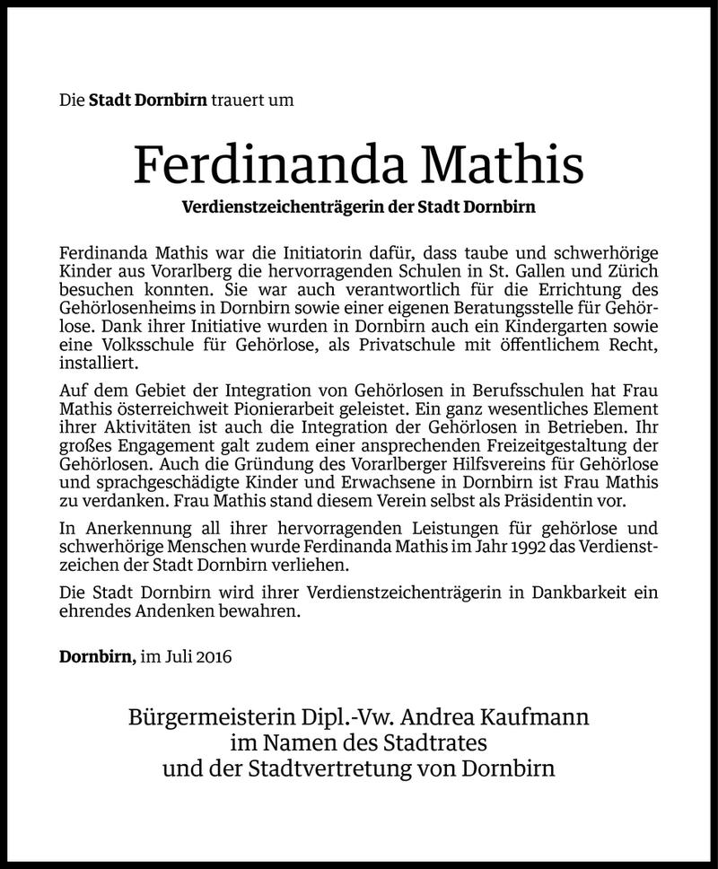  Todesanzeige für Ferdinanda Mathis vom 24.07.2016 aus Vorarlberger Nachrichten