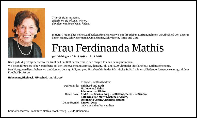  Todesanzeige für Ferdinanda Mathis vom 23.07.2016 aus Vorarlberger Nachrichten