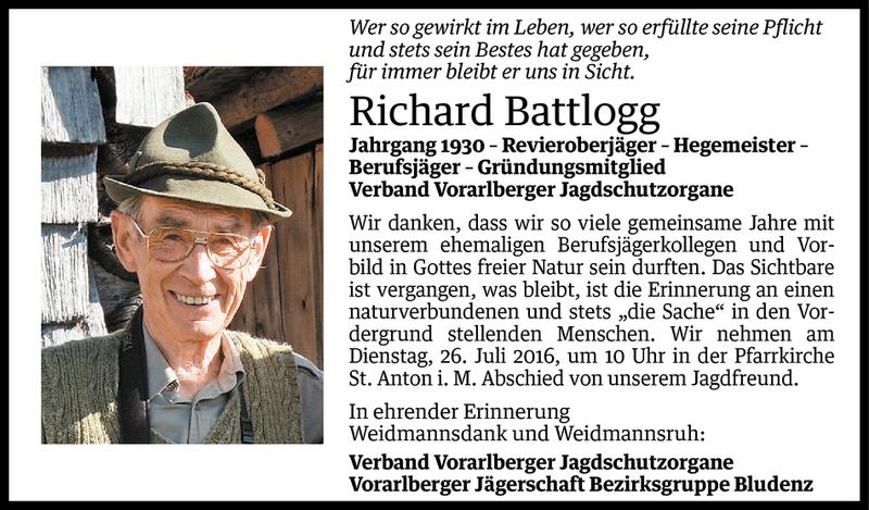  Todesanzeige für Richard Battlogg vom 25.07.2016 aus Vorarlberger Nachrichten