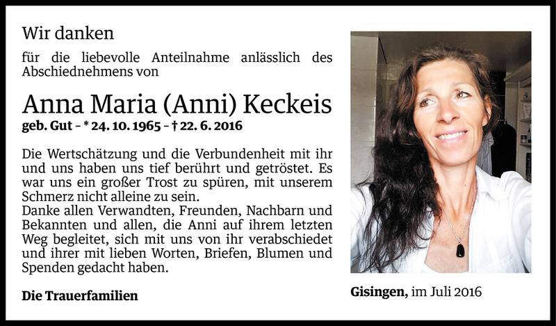  Todesanzeige für Anna Maria Keckeis vom 26.07.2016 aus Vorarlberger Nachrichten