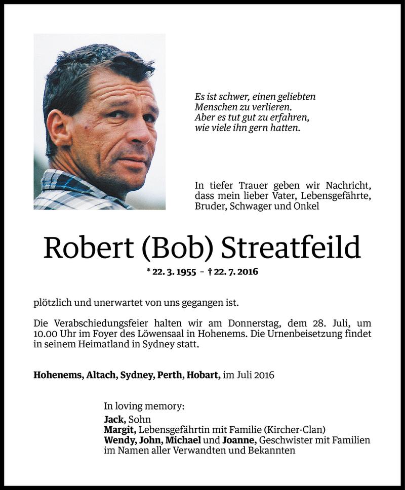  Todesanzeige für Robert Streatfeild vom 26.07.2016 aus Vorarlberger Nachrichten