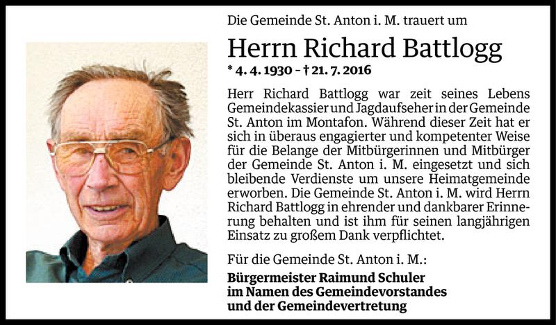  Todesanzeige für Richard Battlogg vom 25.07.2016 aus Vorarlberger Nachrichten