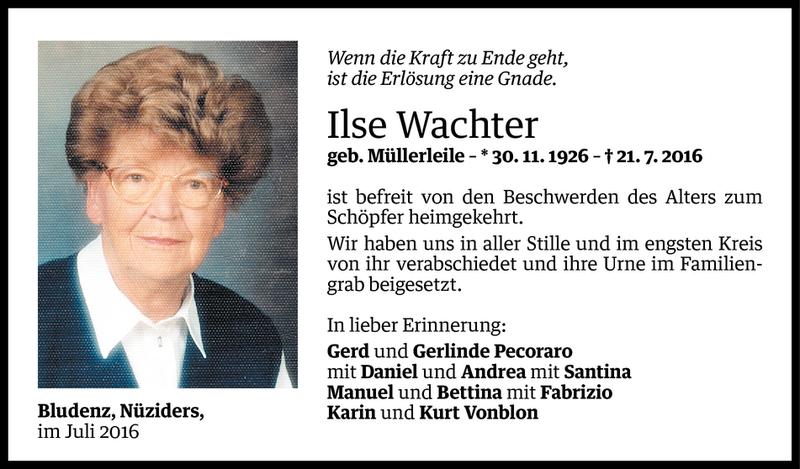  Todesanzeige für Ilse Wachter vom 03.08.2016 aus Vorarlberger Nachrichten