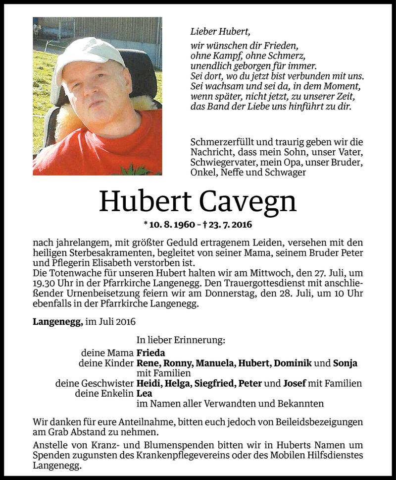  Todesanzeige für Hubert Cavegn vom 25.07.2016 aus Vorarlberger Nachrichten