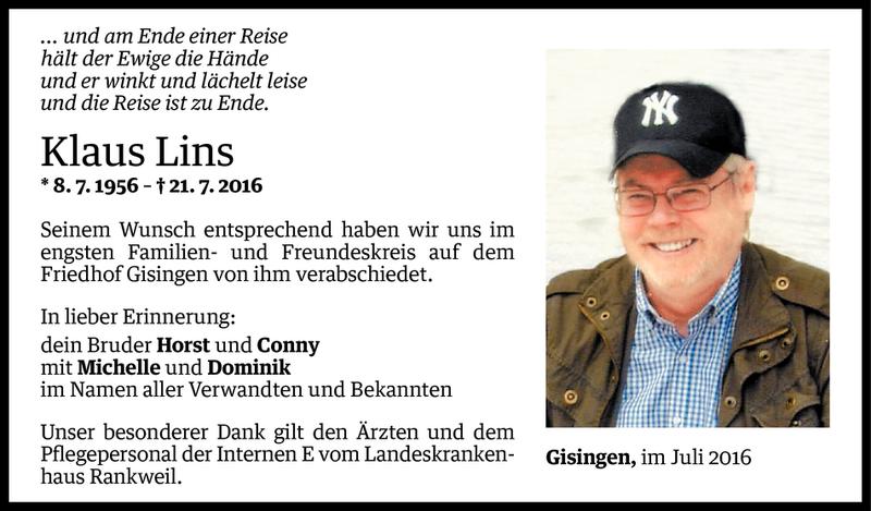  Todesanzeige für Klaus Lins vom 30.07.2016 aus Vorarlberger Nachrichten