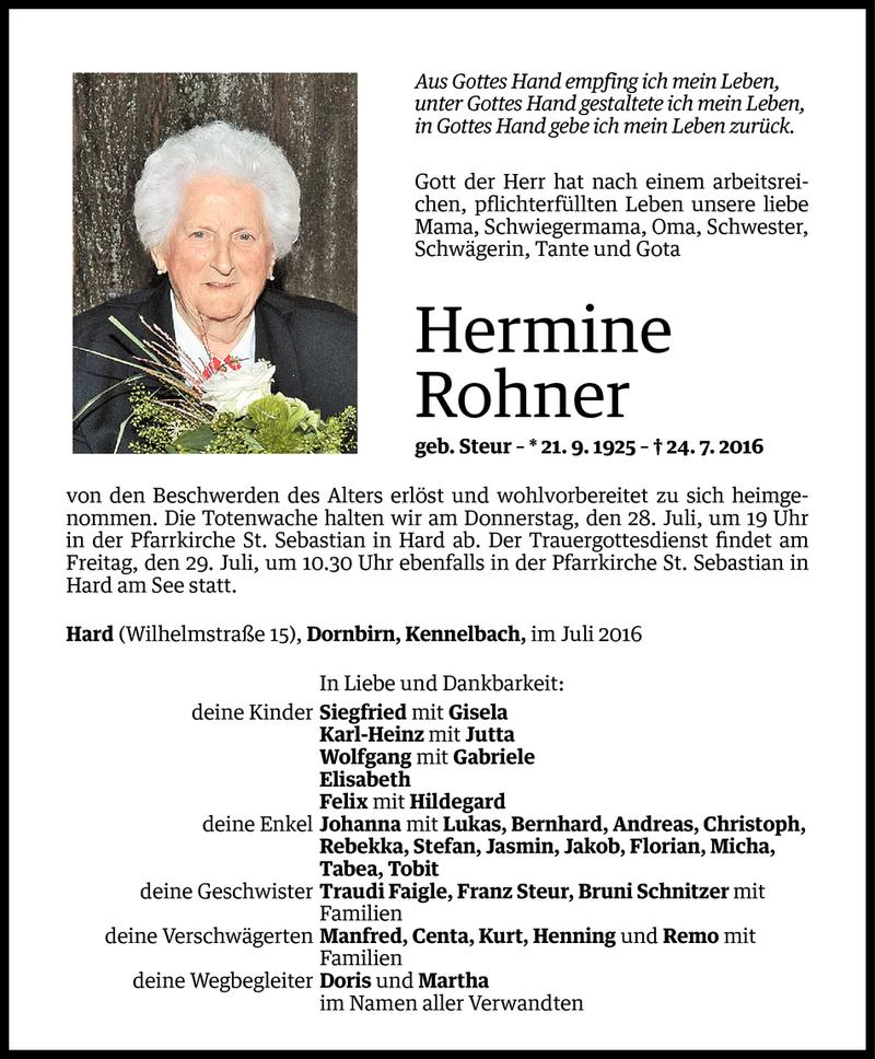  Todesanzeige für Hermine Rohner vom 26.07.2016 aus Vorarlberger Nachrichten